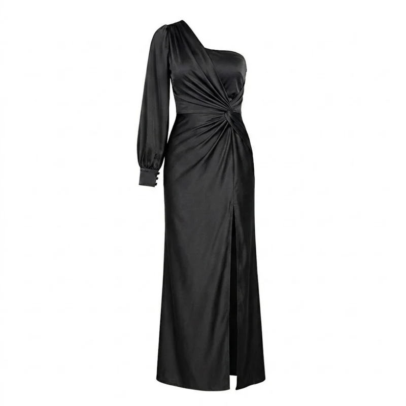 Robe Longue Satinée à Épaule Dénudée avec Nœud Drapé et Fente Latérale