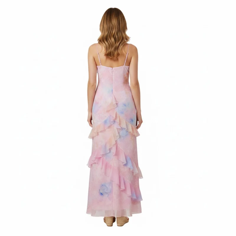 Robe Longue Fleurie à Volants avec Col en V et Fines Bretelles
