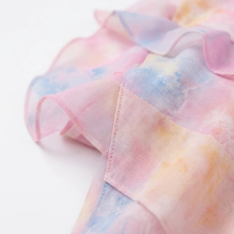 Robe Longue Fleurie à Volants avec Col en V et Fines Bretelles