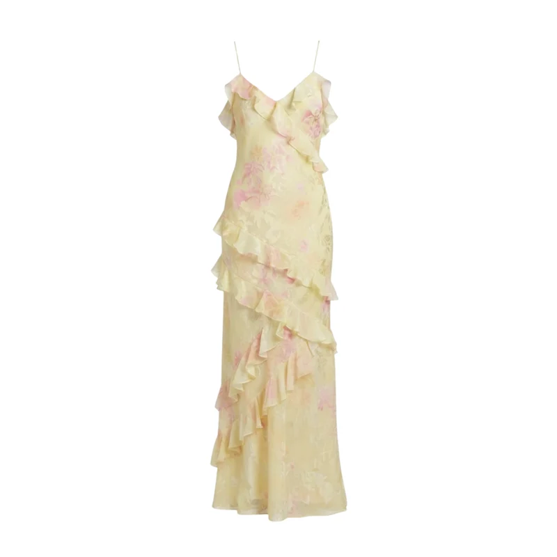 Robe Longue Fleurie à Volants avec Col en V et Fines Bretelles