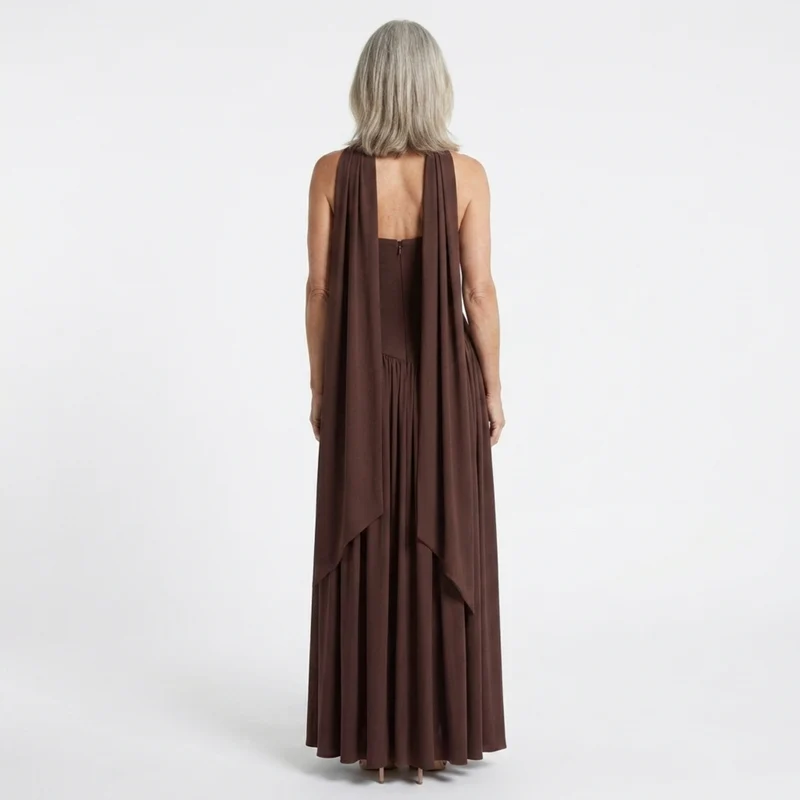 Robe de gala longue — décolleté écharpe et jupe plissée fendue | cérémonie