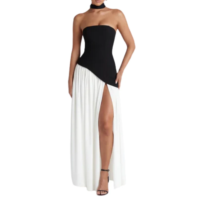 Robe de gala longue — décolleté écharpe et jupe plissée fendue | cérémonie