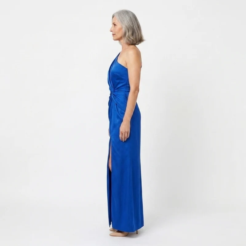Robe longue femme — satin asymétrique à épaule dénudée | soirée de mariage