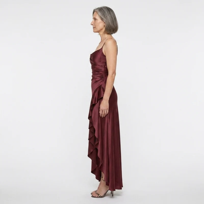 Robe longue femme — satin à ourlet asymétrique et volants | soirée chic