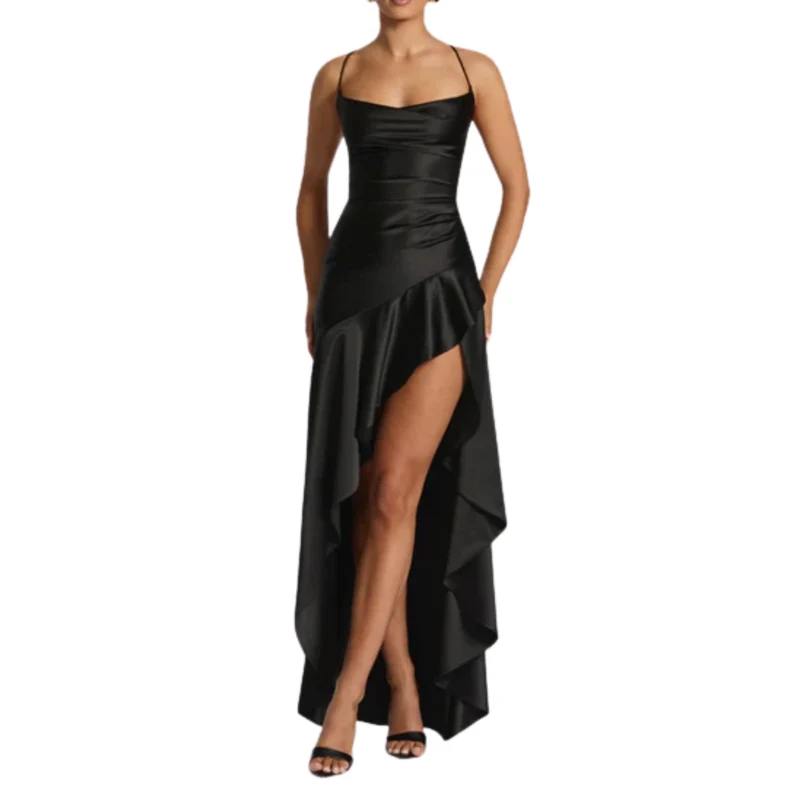 Robe longue femme — satin à ourlet asymétrique et volants | soirée chic