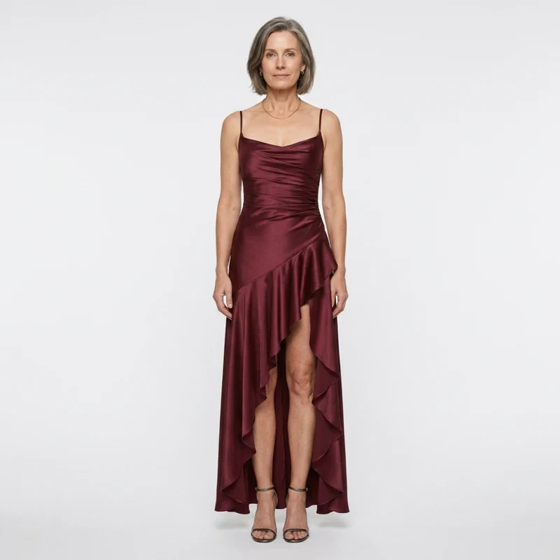 Robe longue femme — satin à ourlet asymétrique et volants | soirée chic