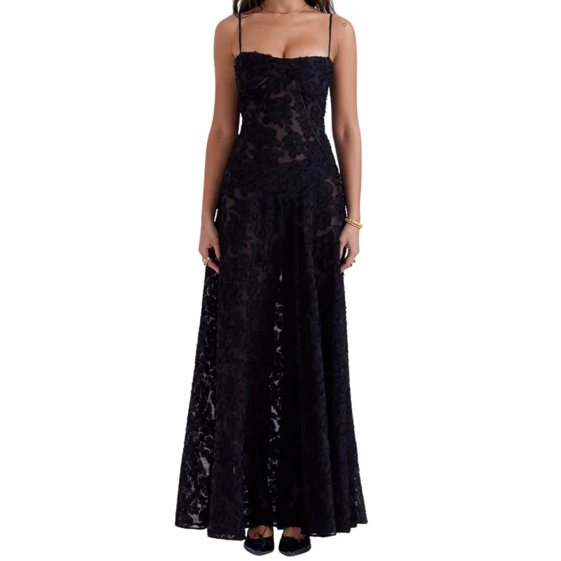 Robe de Soirée Longue Bustier à Broderies Florales et Coupe Évasée pour Femme