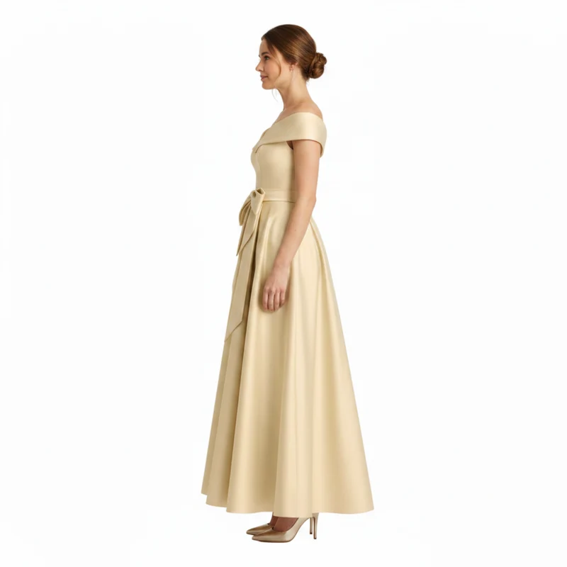 Robe Invitée de Mariage Midi Évasée à Épaules Dénudées avec Nœud à la Taille