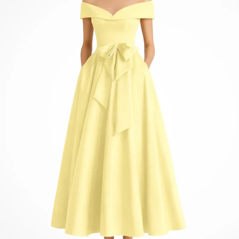 Robe Invitée de Mariage Midi Évasée à Épaules Dénudées avec Nœud à la Taille