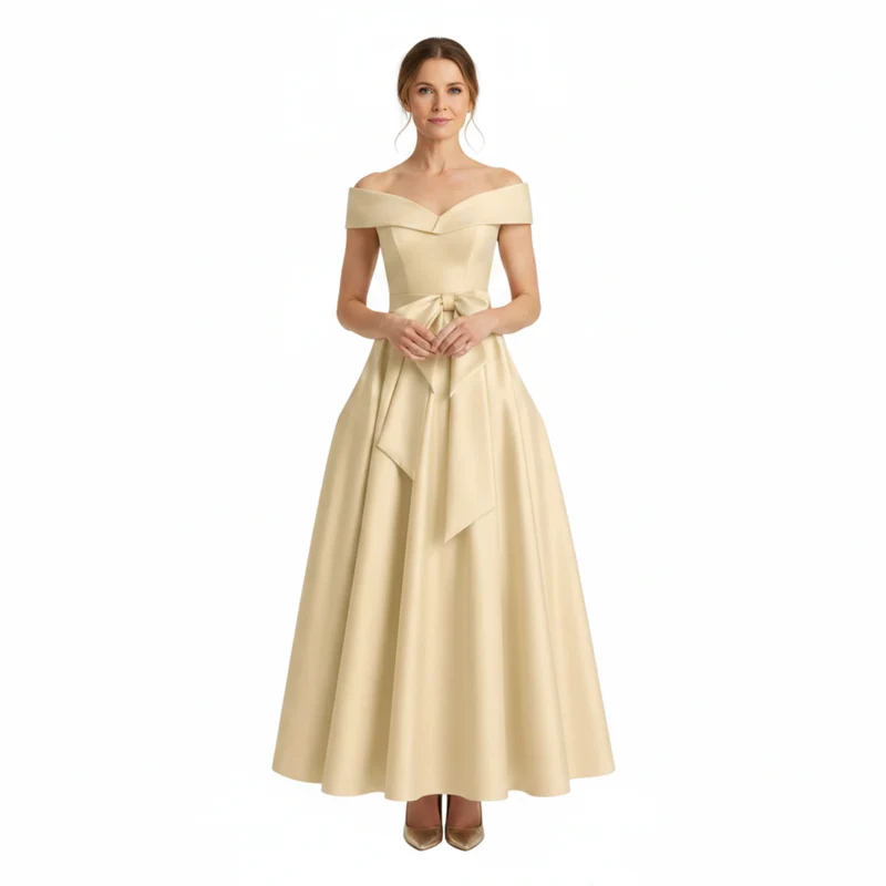 Robe Invitée de Mariage Midi Évasée à Épaules Dénudées avec Nœud à la Taille