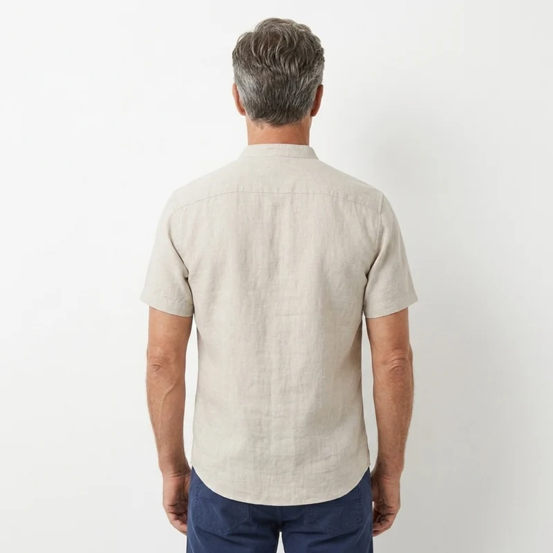 Chemise en lin pour homme — col officier à manches courtes — tenue décontractée de plage