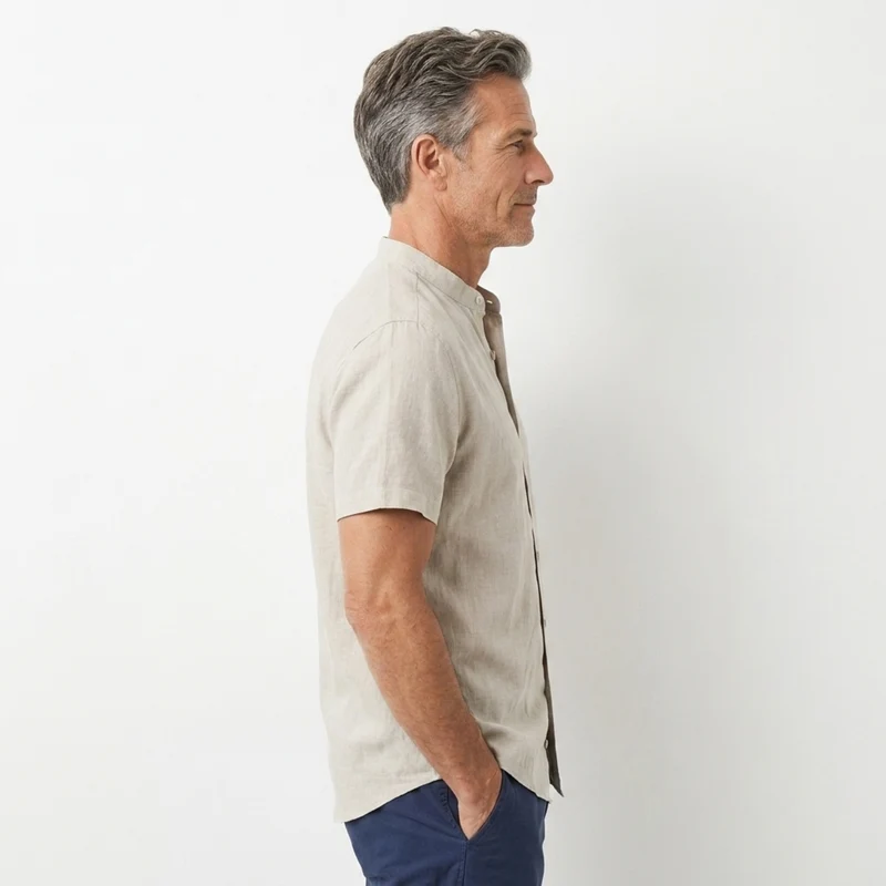 Chemise en lin pour homme — col officier à manches courtes — tenue décontractée de plage