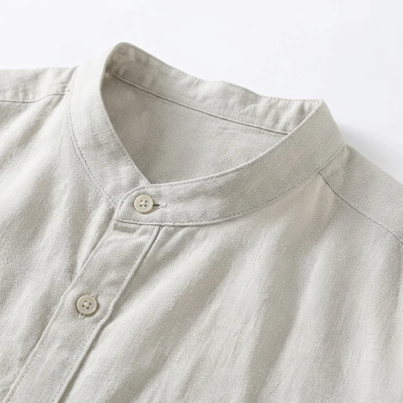 Chemise en lin pour homme — col officier à manches courtes — tenue décontractée de plage