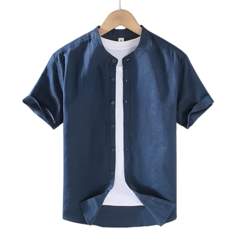 Chemise en lin pour homme — col officier à manches courtes — tenue décontractée de plage