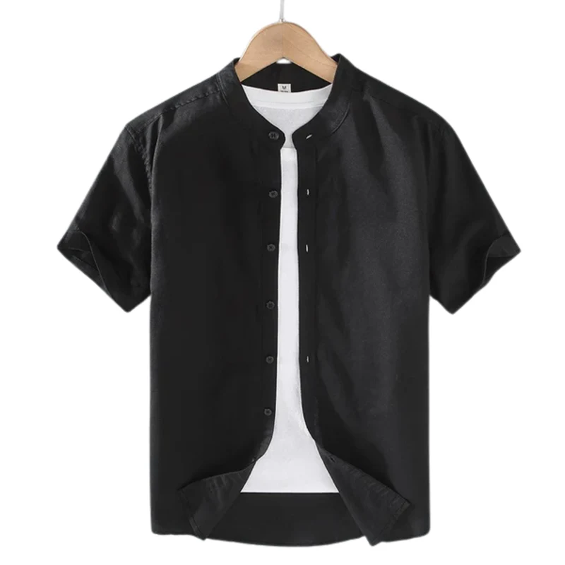 Chemise en lin pour homme — col officier à manches courtes — tenue décontractée de plage