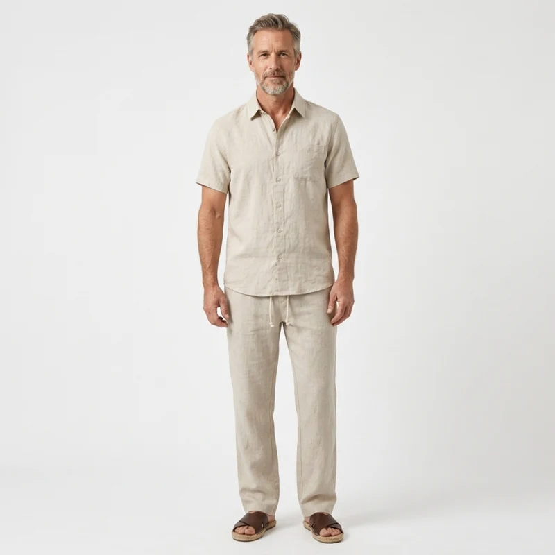 Ensemble deux pièces en lin pour homme — coupe décontractée — vacances à la plage