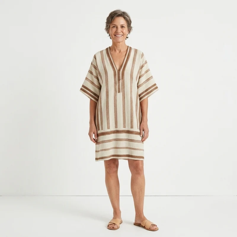 Robe kimono de plage rayée — kaftan ample à pompons — vacances d'été