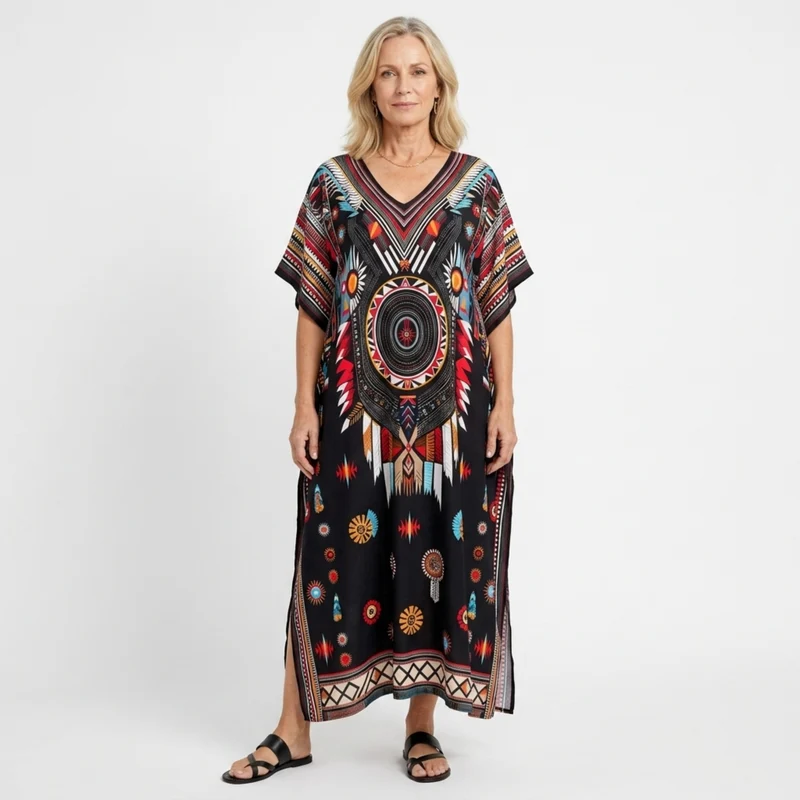 Robe kaftan kimono grande taille — coupe ample — plage et voyage