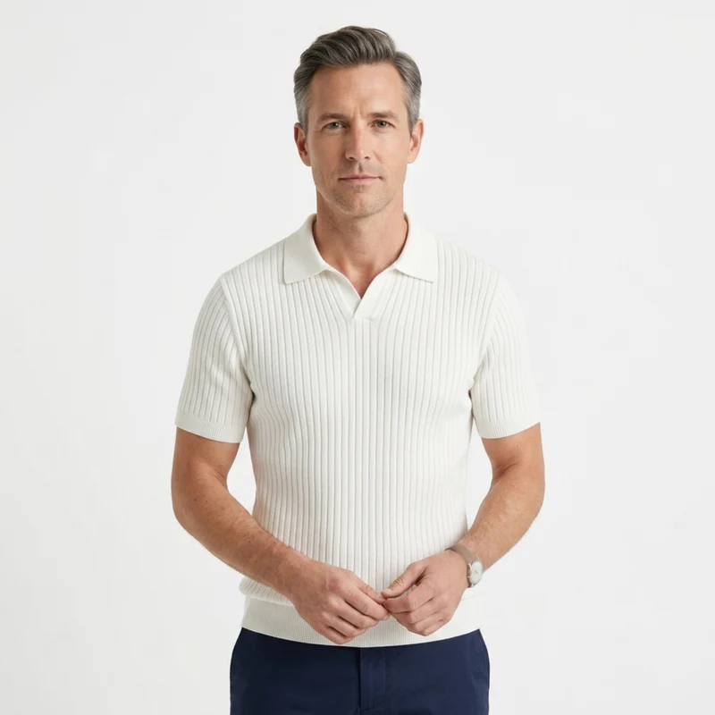 Polo homme en maille côtelée avec col en v et manches courtes — détente