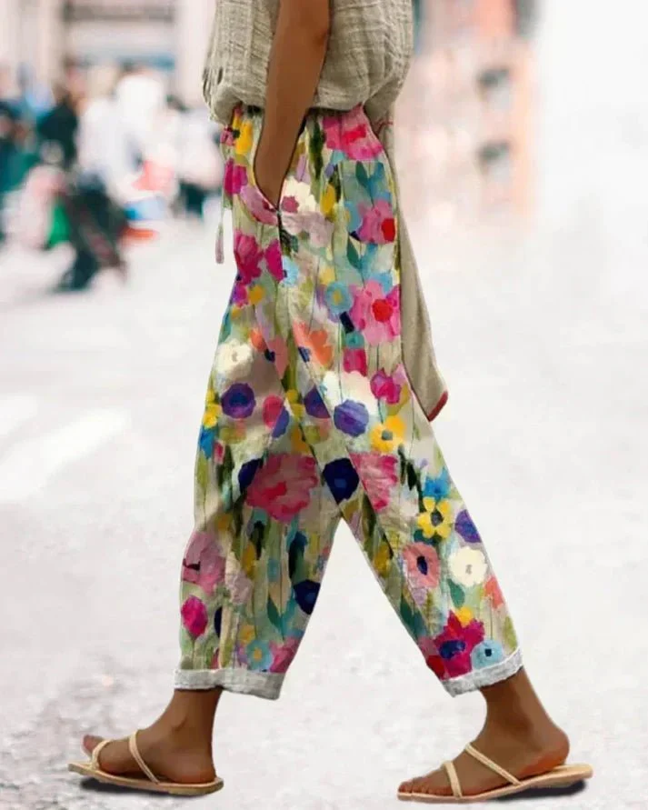 Pantalon Détendu Imprimé Floral pour Femmes