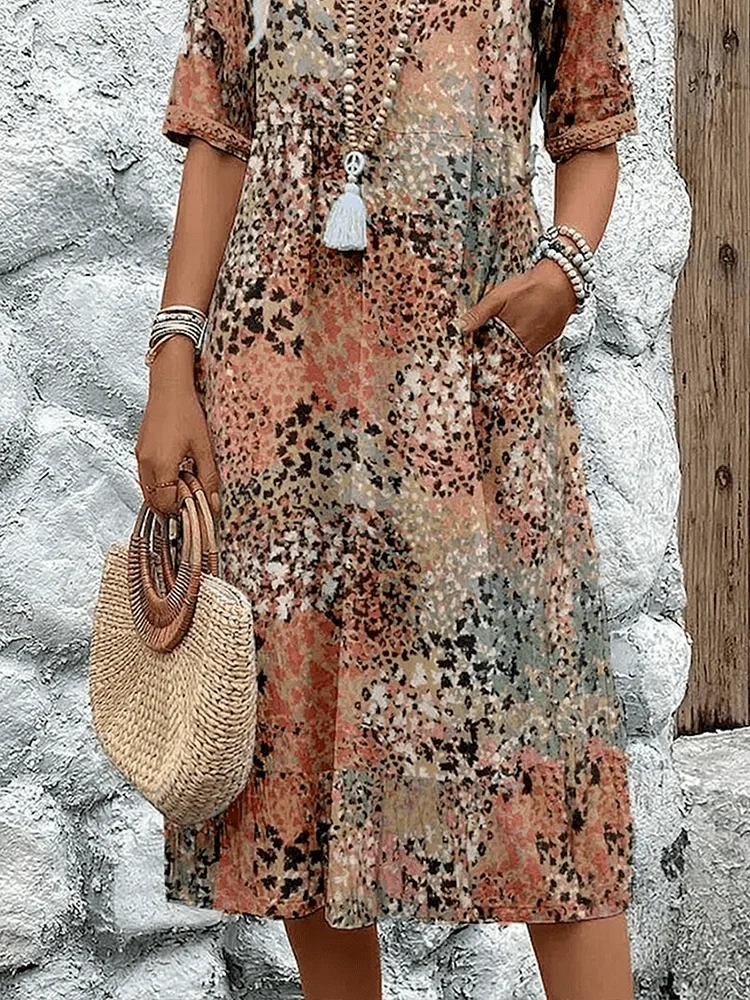Robe Midi à Fleurs avec Manches Courtes pour Femme