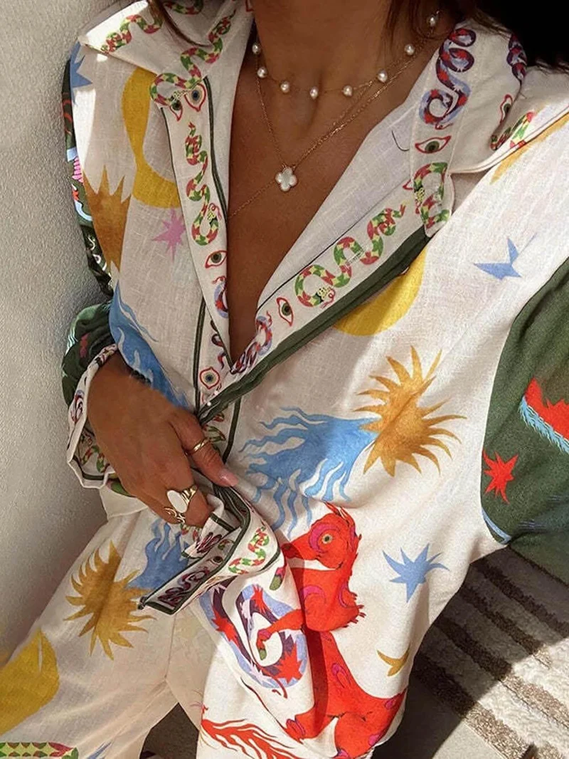 Ensemble pantalon et chemise manches longues imprimé pour femmes