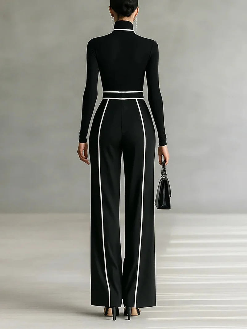 Ensemble pantalon à jambes larges et haut à col montant pour femmes