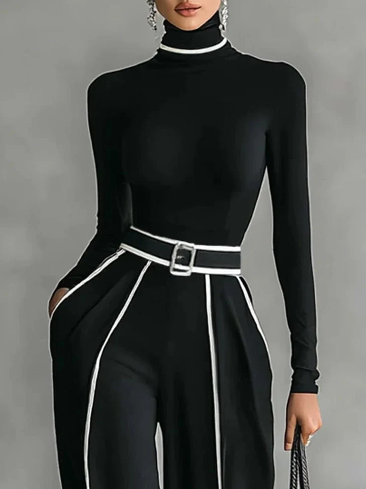 Ensemble pantalon à jambes larges et haut à col montant pour femmes