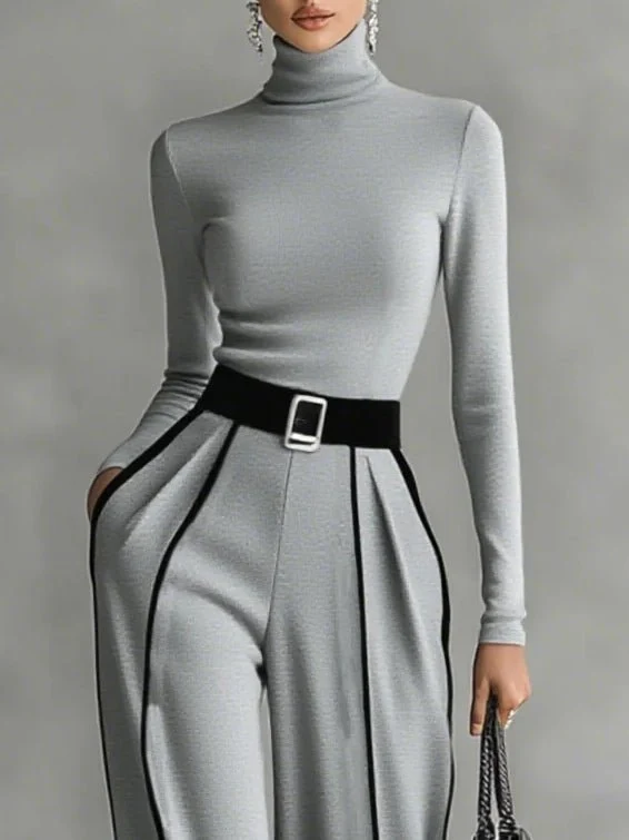Ensemble pantalon à jambes larges et haut à col montant pour femmes