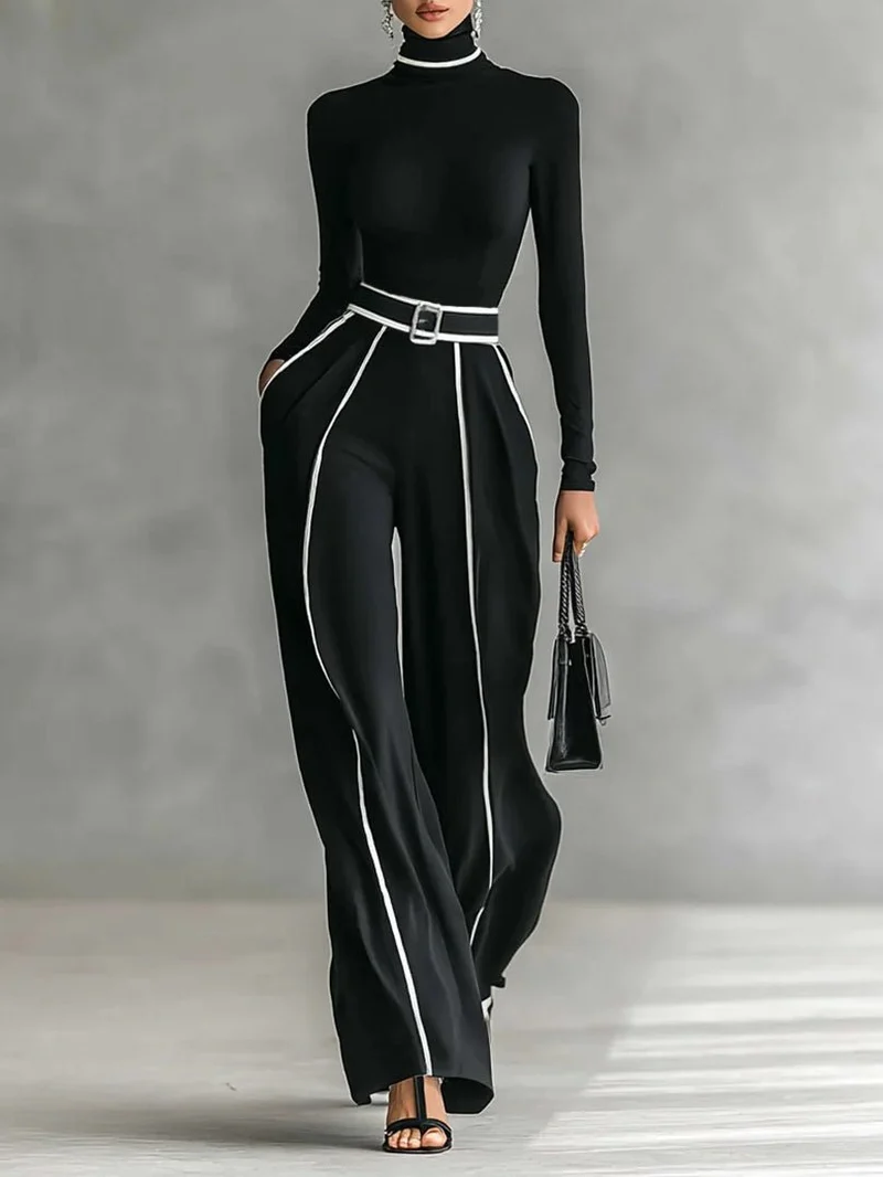 Ensemble pantalon à jambes larges et haut à col montant pour femmes