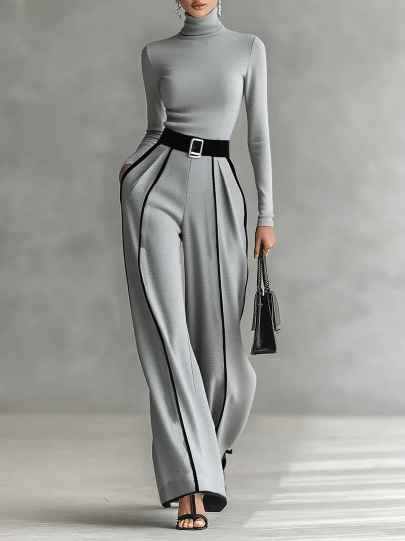 Ensemble pantalon à jambes larges et haut à col montant pour femmes