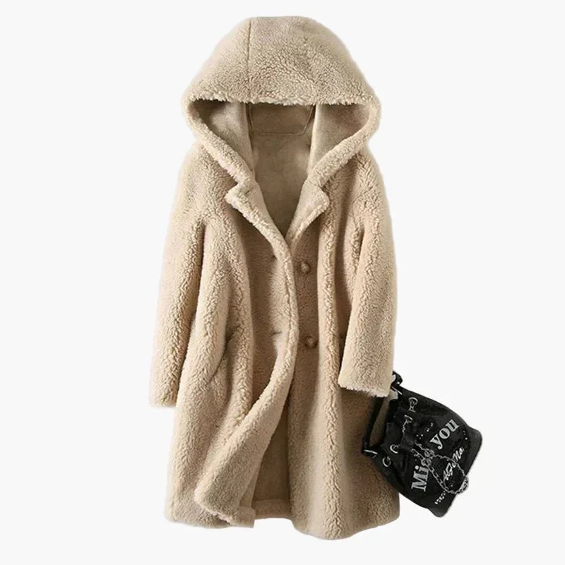 Manteau en laine mi-long à capuche pour femme
