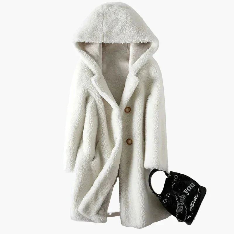 Manteau en laine mi-long à capuche pour femme