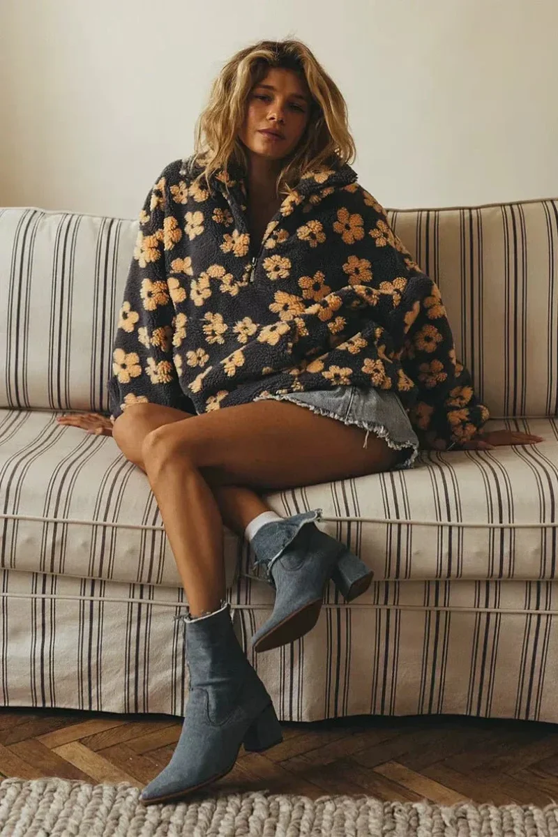 Pull chaud en polaire à motif floral pour femme