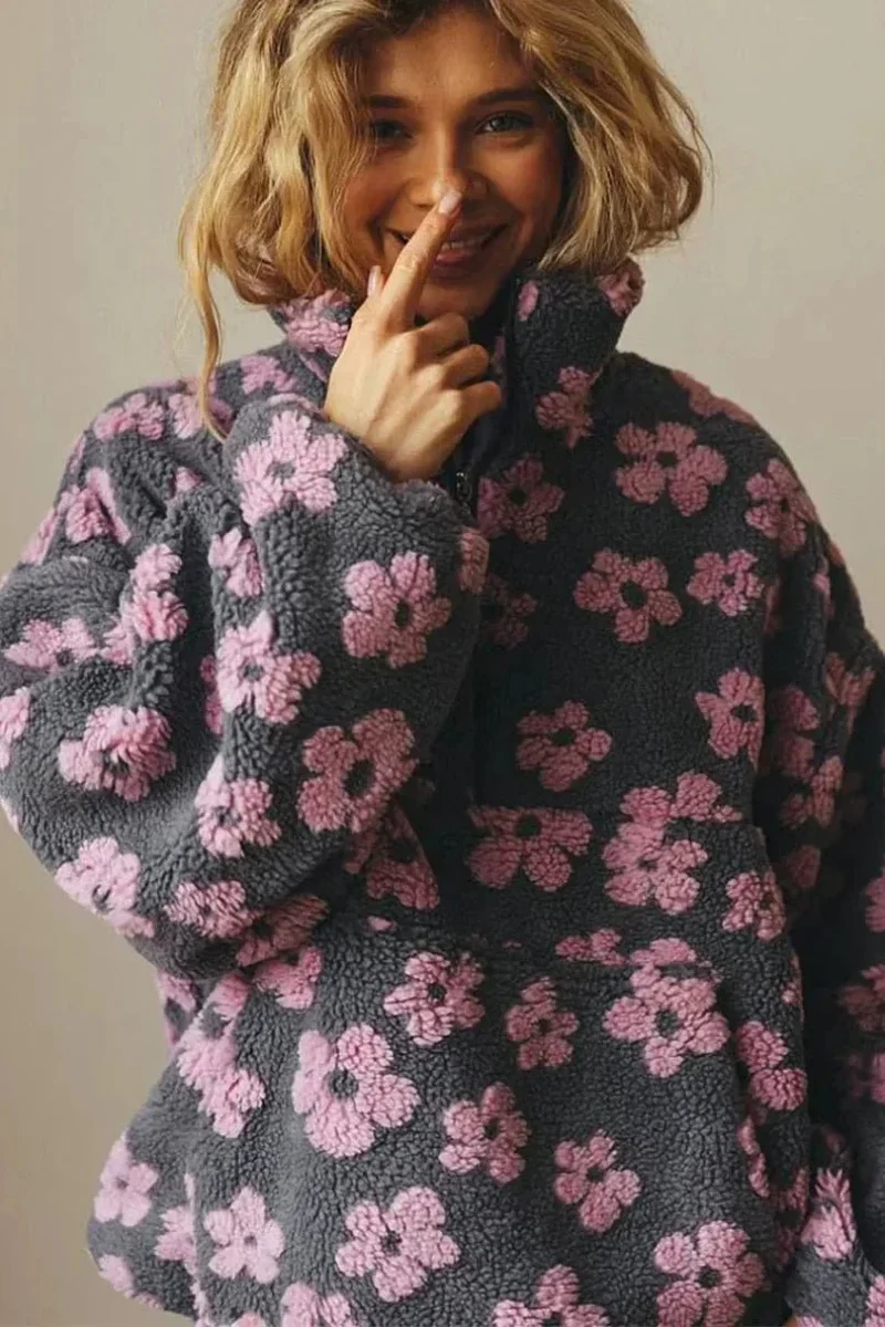 Pull chaud en polaire à motif floral pour femme