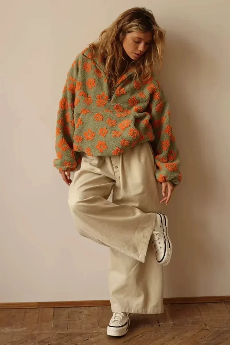 Pull chaud en polaire à motif floral pour femme