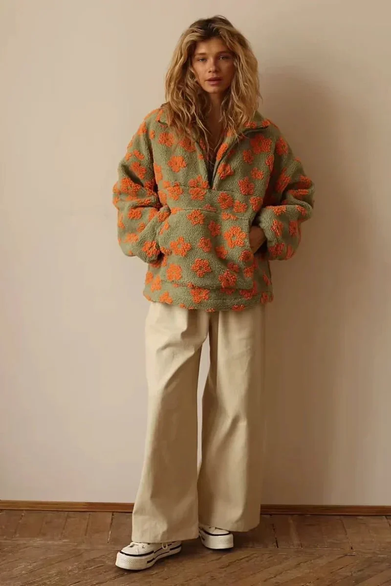 Pull chaud en polaire à motif floral pour femme