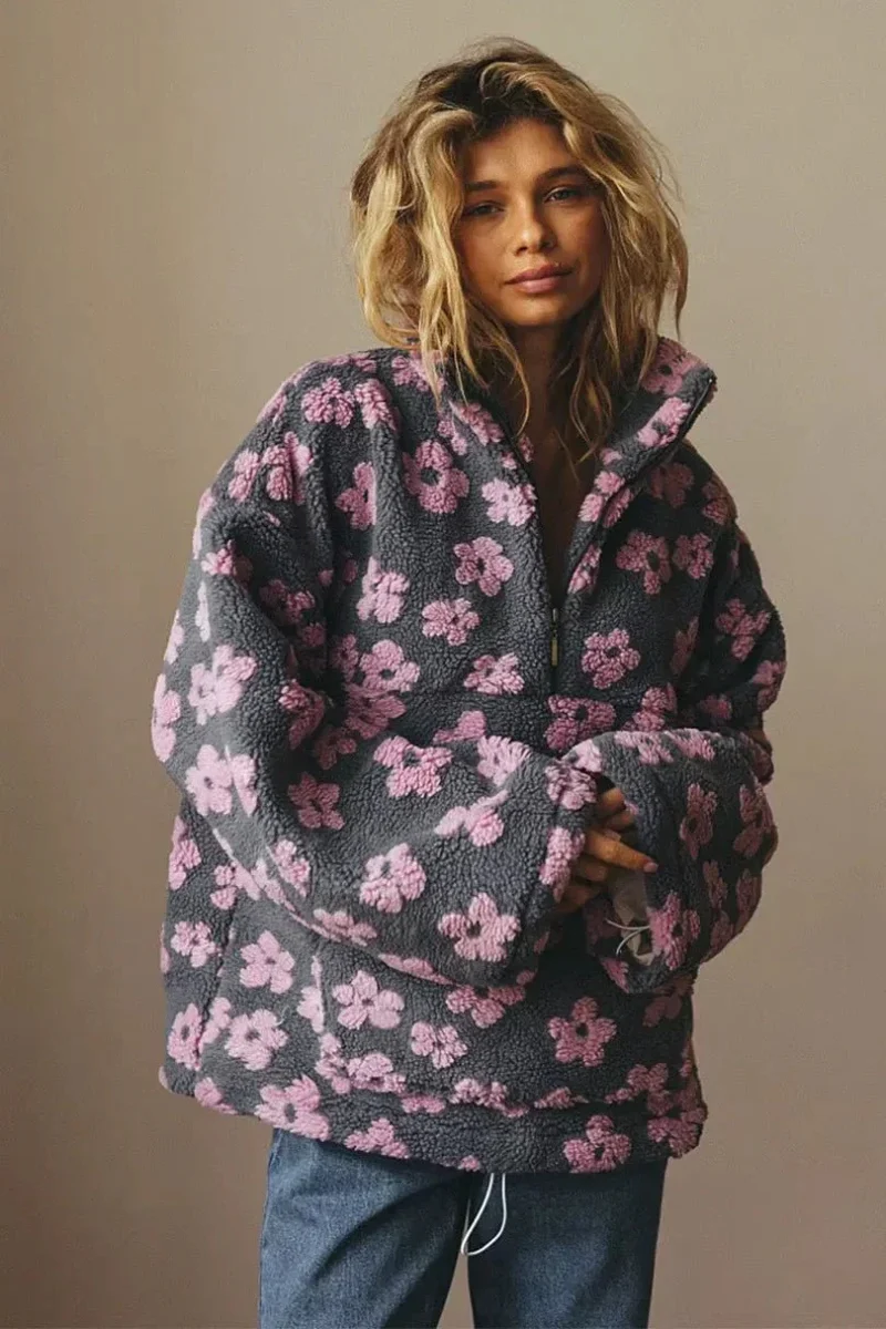 Pull chaud en polaire à motif floral pour femme