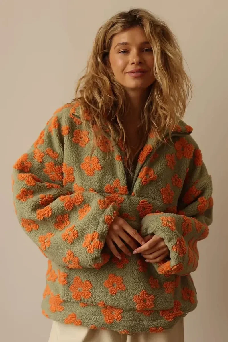 Pull chaud en polaire à motif floral pour femme