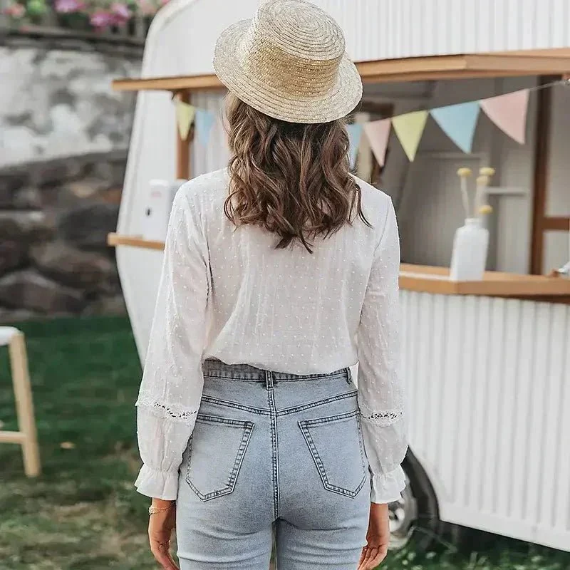 Chemise à Col Montant avec Détails en Dentelle pour Femme