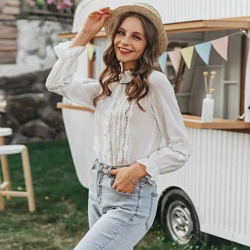 Chemise à Col Montant avec Détails en Dentelle pour Femme