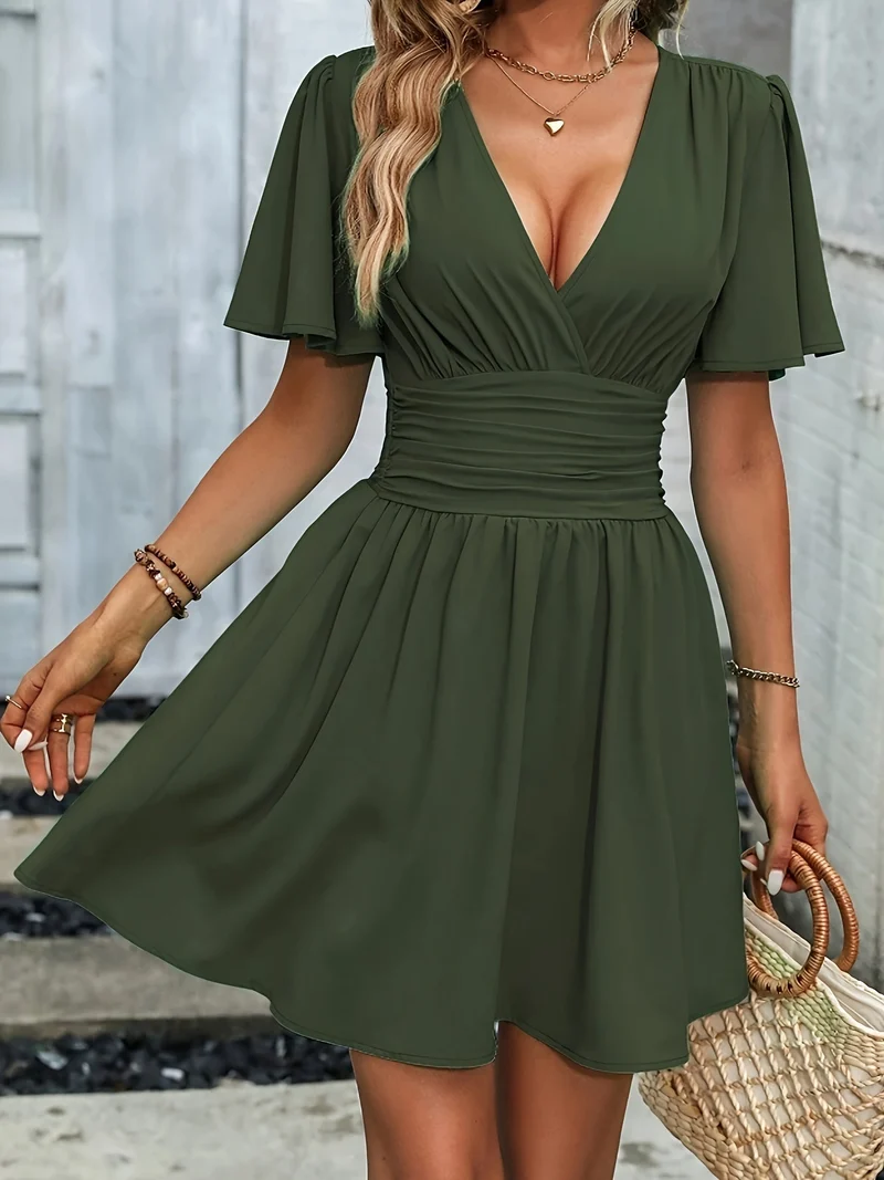 Robe à décolleté en V et manches à volants pour Femmes