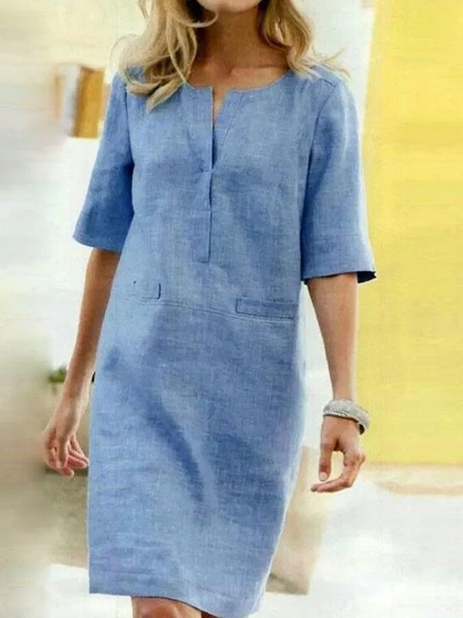 Robe Droite Midi à Encolure Fendue et Manches Mi-Longues pour Femme | Idéale pour l'Été