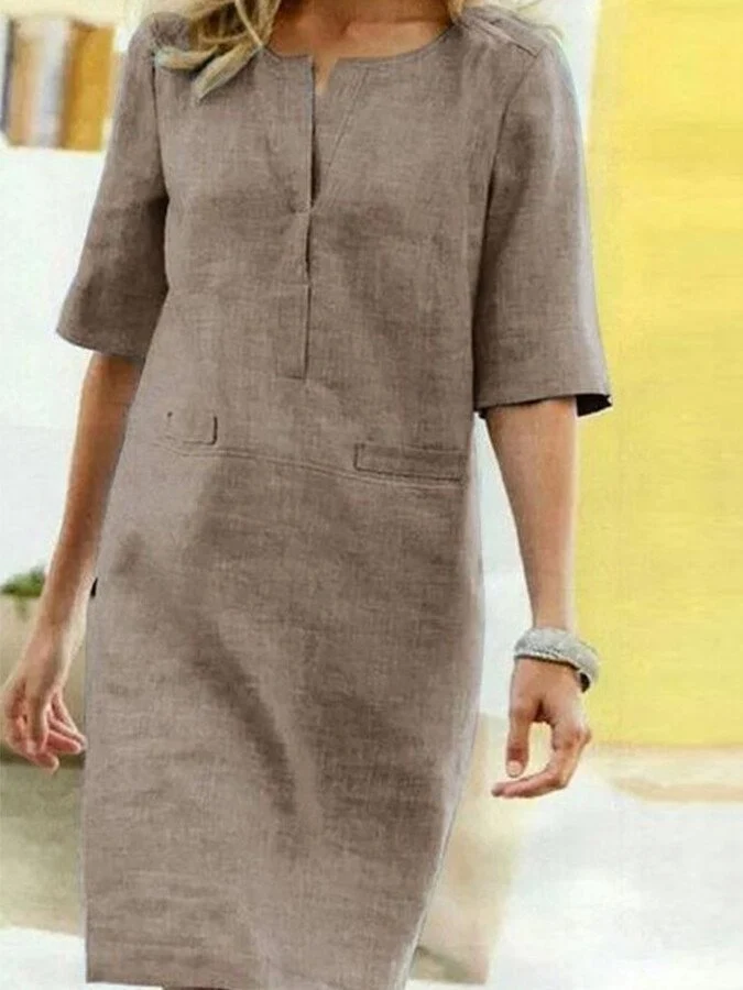 Robe Droite Midi à Encolure Fendue et Manches Mi-Longues pour Femme | Idéale pour l'Été