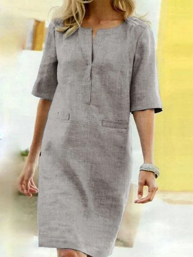 Robe Droite Midi à Encolure Fendue et Manches Mi-Longues pour Femme | Idéale pour l'Été