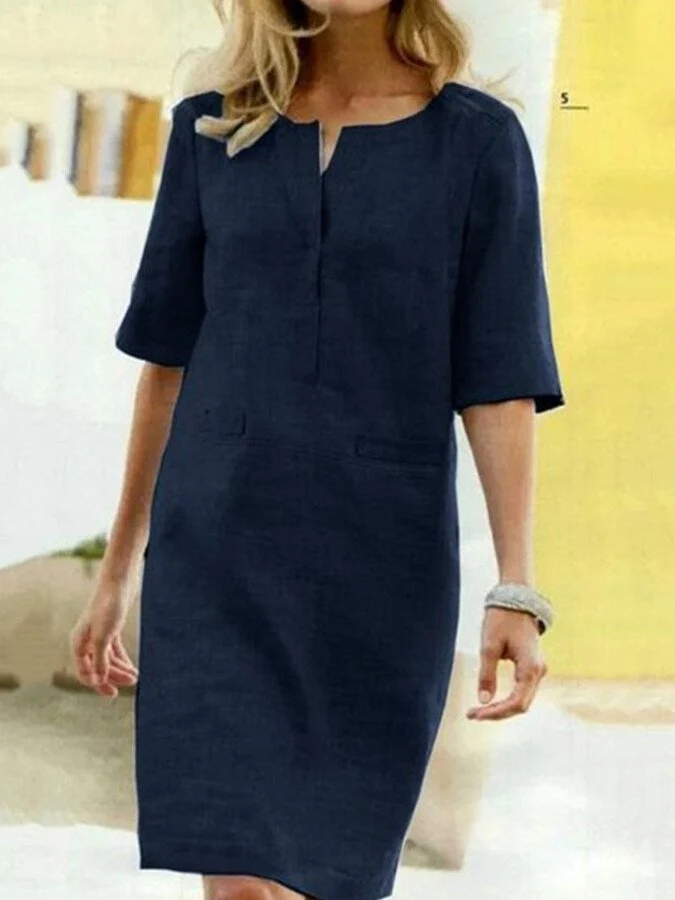 Robe Droite Midi à Encolure Fendue et Manches Mi-Longues pour Femme | Idéale pour l'Été