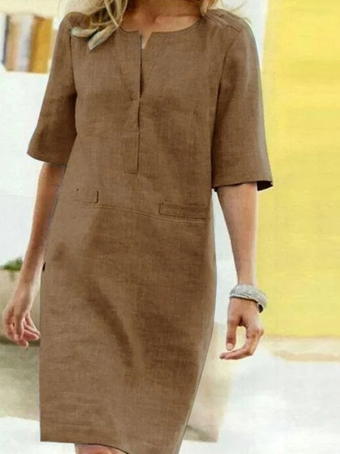 Robe Droite Midi à Encolure Fendue et Manches Mi-Longues pour Femme | Idéale pour l'Été