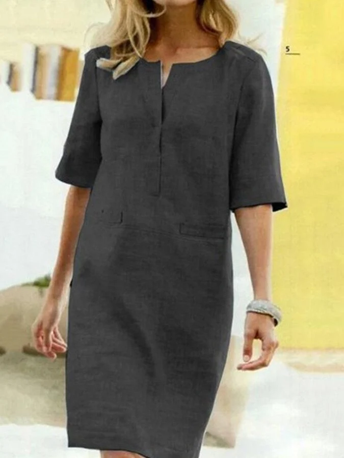 Robe Droite Midi à Encolure Fendue et Manches Mi-Longues pour Femme | Idéale pour l'Été