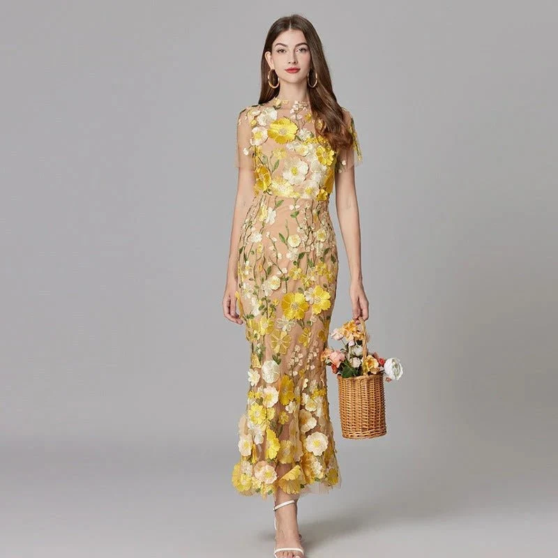 Robe Longue sans Manches à Appliqué Floral pour Femme | Idéale pour les Sorties