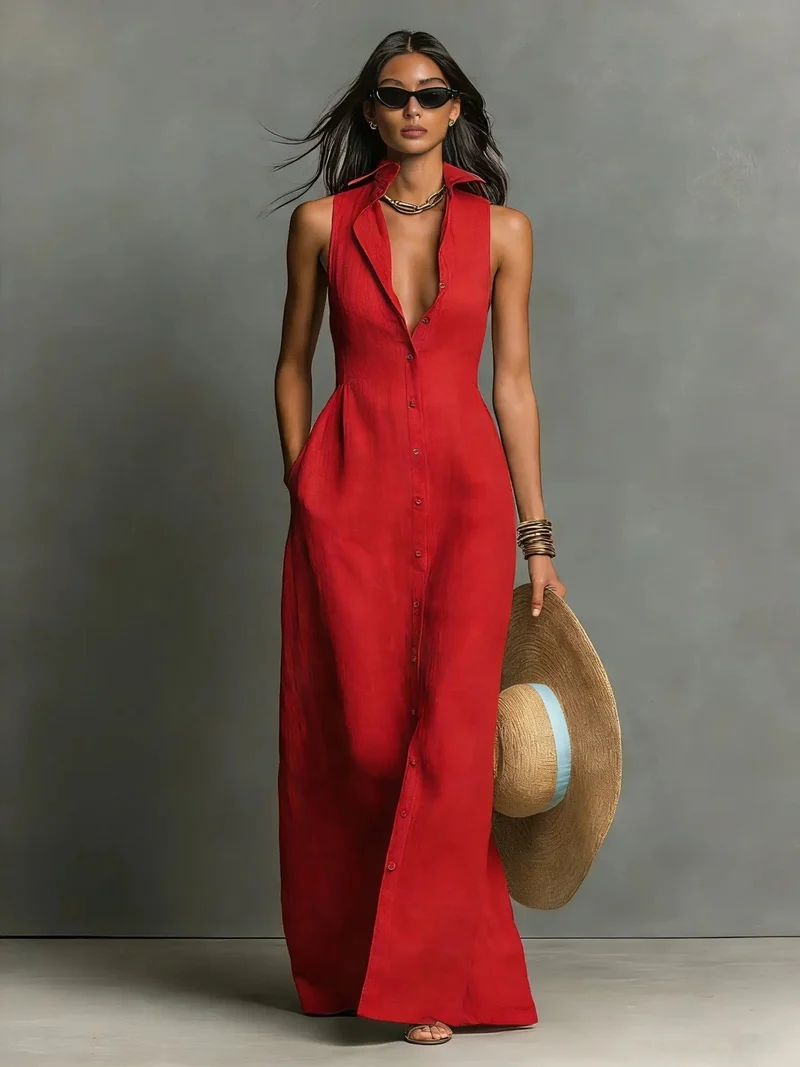 Robe Longue en Lin Sans Manches pour Femme | Idéale pour les Vacances